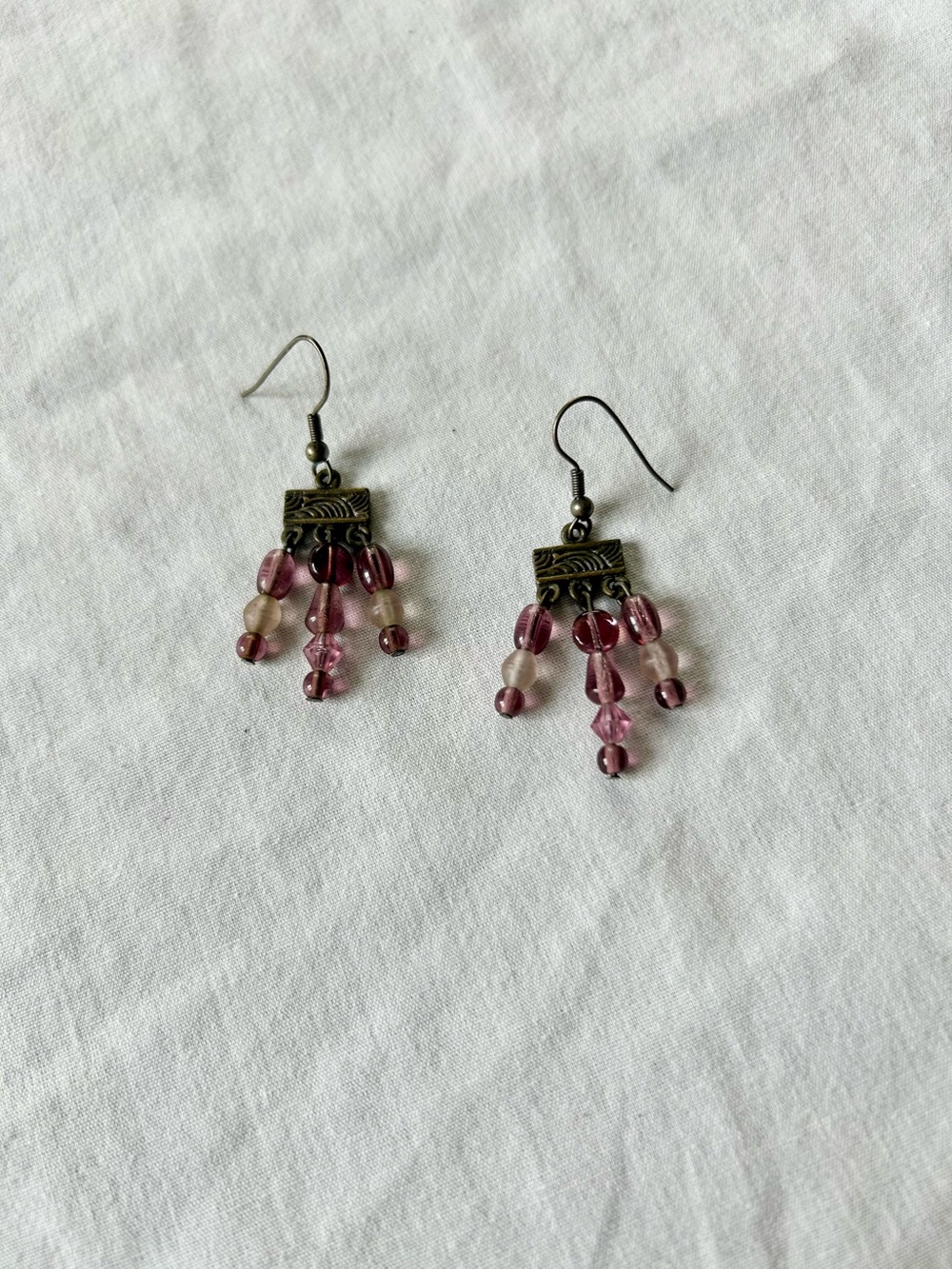 Vintage Y2K Handmade Antiqued Metal Glass Bead Dangle Fishhook Earrings